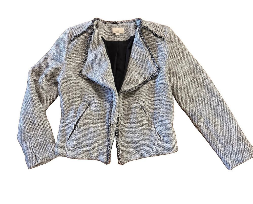 LOFT Petite Tweed Blazer Jacket Womens 6P Gray Fringe Trim Textured Moto